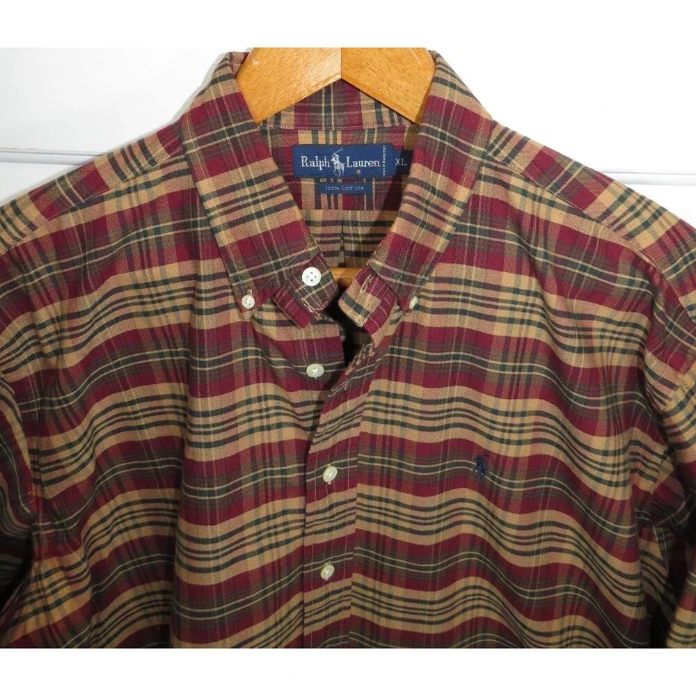 Polo Ralph Lauren Tartan Plaid Oxford Cloth Button Down Shirt Blue Pony XL